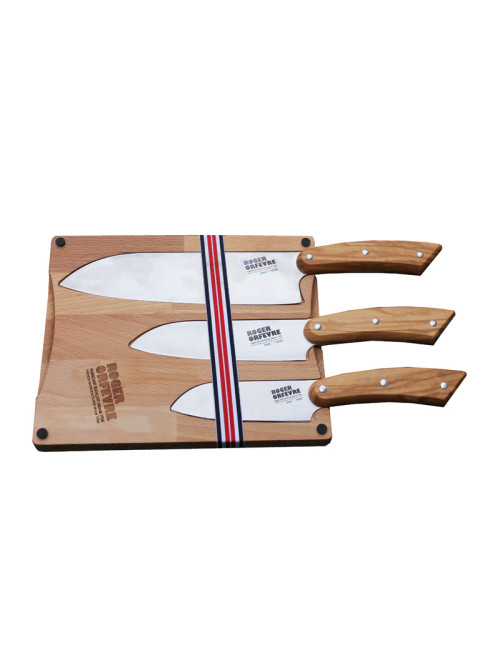Roger Orfèvre Cutting board and 3 Santoku knives