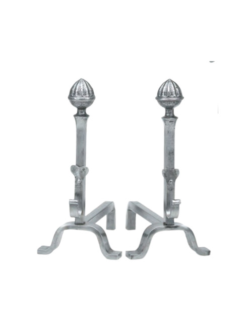 REIGNOUX Pair of andirons h.48cm ogive heads in wrought iron