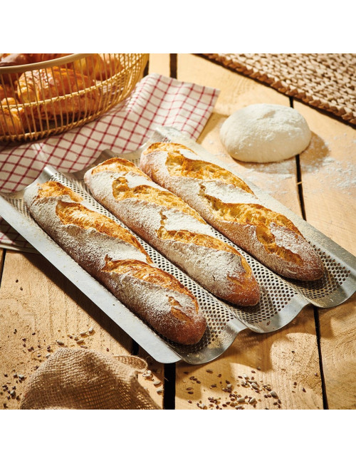 DE BUYER Perforated Baking Tray for 3 Baguettes in Stainless Steel