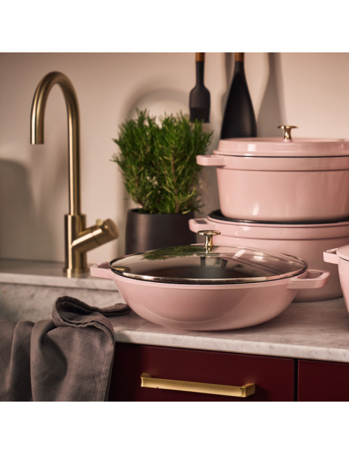 STAUB Sorbet Pink Cast Iron Wok 30cm with Lid
